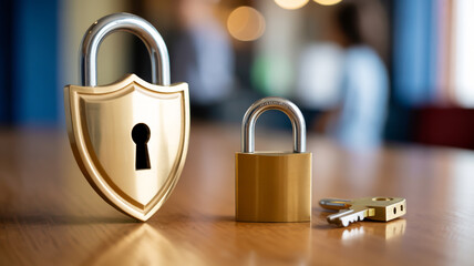Fototapeta premium A close-up photograph of a gold-colored metal shield with a keyhole and a matching gold padlock with its key on a wooden surface