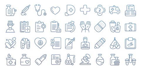 A comprehensive collection of medical and healthcare icon set in a clean and modern line style for design concepts