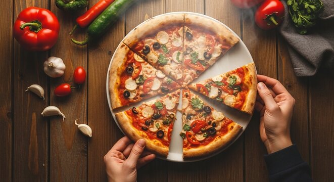Hands holding a sliced pizza with mushrooms tomatoes and olives on a wooden table. - Powered by Adobe