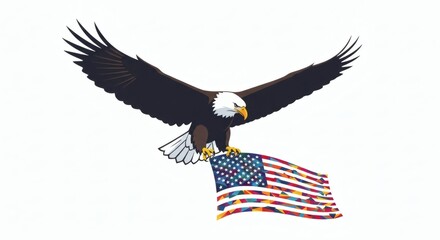 Fototapeta premium Majestic Bald Eagle Soaring with Autism Awareness Flag