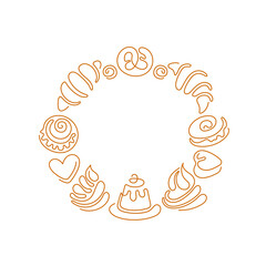 Bakery circle emblem. Vector line croissant, cake