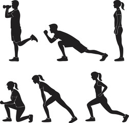 Workout Silhouette Set: A collection of six distinct fitness poses, illustrated in minimalist black silhouettes against a white background, ideal for workout guides or fitness-related projects.