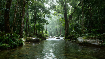 Obraz premium A serene view of a misty rainforest river, surrounded by lush greenery and towering trees.