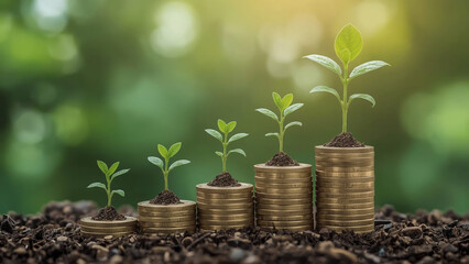 Seedlings grow with business growth arrows. Concept of business growth, development and success. Young plants on a pile of coins grow. Growing money, finance and investment.