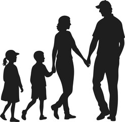 Family Silhouette in Unity: A monochrome silhouette of a family, a symbol of love and unity, walking hand in hand, capturing the essence of togetherness and familial bonds.