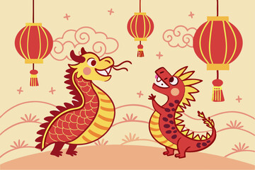 Lunar new year dragons and lantern festive holiday design