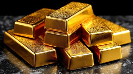 Shiny gold bars stacked together on a dark surface, symbolizing wealth and financial security