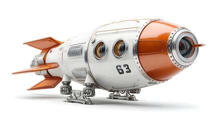 Futuristic rocket model in white and orange, showcasing a retro design with sleek fins and detailed engines.