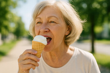 Elderly woman enjoying summer treat outdoors on a sunny day