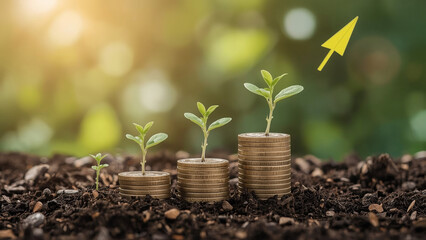 Seedlings grow with business growth arrows. Concept of business growth, development and success. Young plants on a pile of coins grow. Growing money, finance and investment.