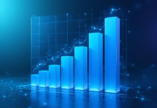 A dynamic 3D business graph with an upward-pointing arrow on a black background illustrates financial market growth and success
