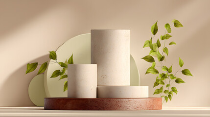 Stylish display of neutral-toned circular pedestals with green foliage, creating a modern and minimalistic ambiance.
