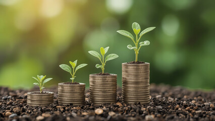 Seedlings grow with business growth arrows. Concept of business growth, development and success. Young plants on a pile of coins grow. Growing money, finance and investment.