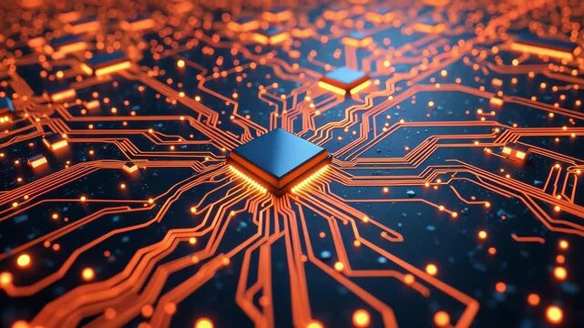 Microchips Illuminating on Circuit Board with Glowing Connections for Technology Blogs, Digital Innovation Websites, Electronics Articles, and Science Content  