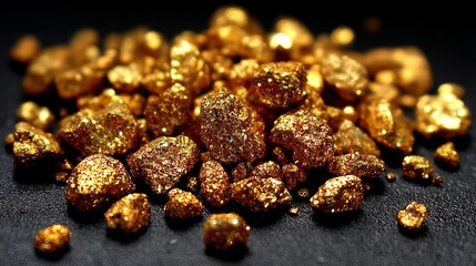 Shiny gold nuggets and small gold particles scattered on a dark surface for sale or collection