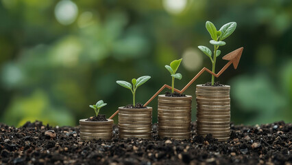 Seedlings grow with business growth arrows. Concept of business growth, development and success. Young plants on a pile of coins grow. Growing money, finance and investment.