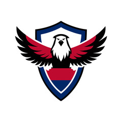 bald eagle with wings spread wide over a shield vector art