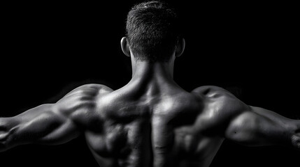 A muscular male figure, showcasing impressive shoulders and back muscles in a dramatic black and white composition.
