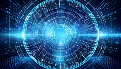 Obraz premium futuristic blue circle with lines and dots depicting a time travel portal concept in an abstract digital background