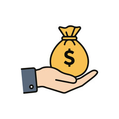 Money Bag & Coin Stack flat vector icon, Hand Holding Money Bag icon, suitable for design and infographic applications