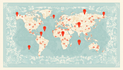 A simple, flat vector design of a world map with red pins on various locations, representing global presence and connection in business or travel