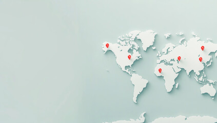 A simple, flat vector design of a world map with red pins on various locations, representing global presence and connection in business or travel