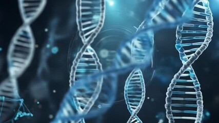 Abstract animated DNA strands with a digital interface on a dark background - Powered by Adobe