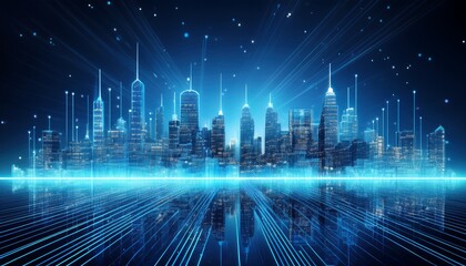 futuristic city skyline with glowing digital lines in a blue background