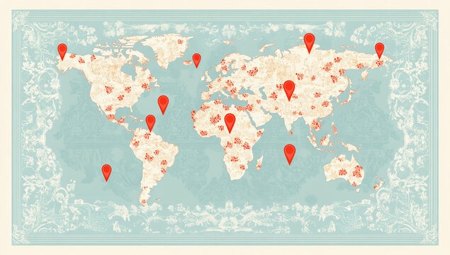 A simple, flat vector design of a world map with red pins on various locations, representing global presence and connection in business or travel - Powered by Adobe
