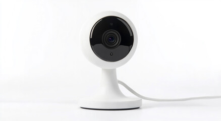 A small white webcam with a cable on a stand, isolated against a white background, front view, high-resolution photography
