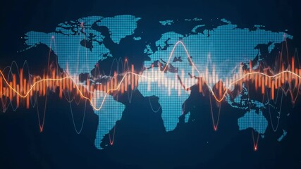 A world map displays dynamic orange and white graphs illustrating global financial market trends - Powered by Adobe