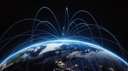 A digital visualization of global internet and communication networks overlaid on a partial view of Earth from space.