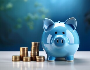glossy blue piggy bank on clean desk with coins savings concept