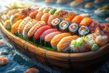 A perfect sushi boat overflowing Clean assorted sushi sashimi
