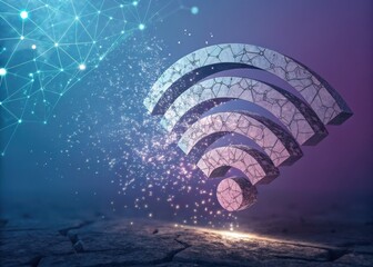 A cracked Wi-Fi symbol disintegrates into a network of glowing digital nodes against a dark, textured background.