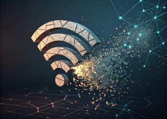 A fragmented WiFi symbol dissolves into a digital network of glowing nodes, symbolizing wireless connectivity and data transmission.