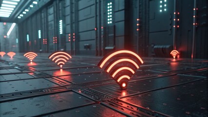 A futuristic corridor with glowing red Wi-Fi symbols floating above a dark, high-tech floor.