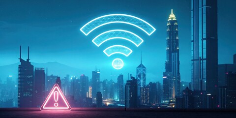 Neon Wi-Fi symbol and warning sign glowing over a futuristic city skyline at night.