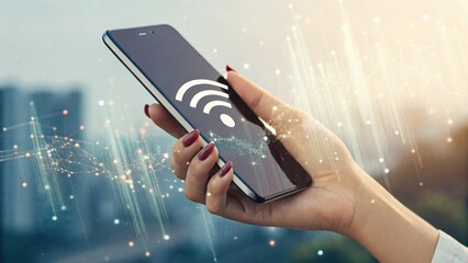 A hand holding a smartphone displays a Wi-Fi symbol, representing wireless connectivity amidst a blurred urban background with digital network effects.