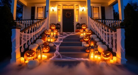 Halloween porch decor ideas with pumpkins and lights for a spooky outdoor halloween decoration theme