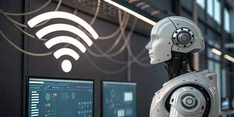 A humanoid robot analyzes data on multiple screens with a large Wi-Fi symbol in the background, symbolizing AI connectivity and wireless technology.