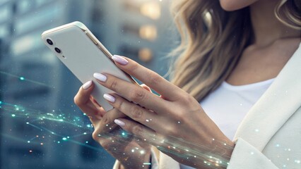 Woman with manicured nails uses smartphone, with a digital futuristic overlay suggesting technology and connectivity.