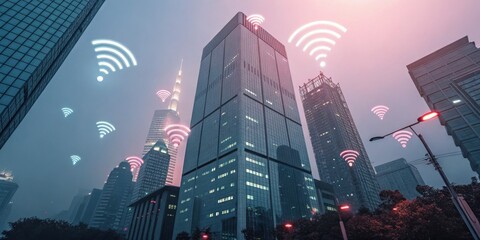 Modern city skyscrapers with glowing Wi-Fi symbols, illustrating urban connectivity and wireless communication technology.