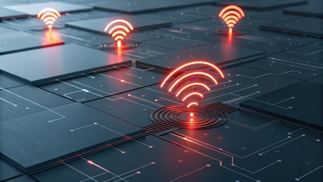 A futuristic digital circuit board displays glowing red Wi-Fi icons, symbolizing wireless connectivity and advanced technology integration.