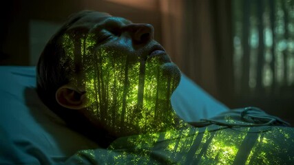 Medical visualization of a male patient lying in a hospital bed, recovering after defibrillation, with a superimposed glowing forest projected onto his chest, symbolizing healing and vitality