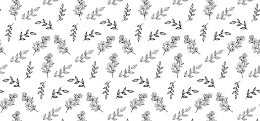 Hand Drawing Floral Seamless Pattern - Black and white pattern with leaf and flower in outline style