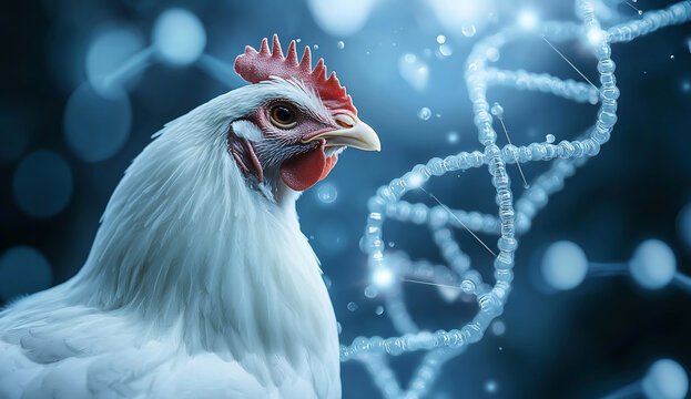 A white chicken with DNA strands and glowing molecules in the background, symbolizing science's role in the growth