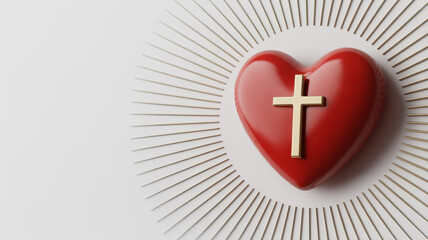 Fototapeta premium A high-contrast photograph of a red heart symbol with a golden Christian cross centered on its surface, positioned against a pure white background