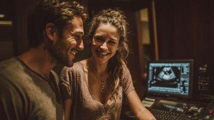 Expecting couple watching baby's image on ultrasound, joy and tears