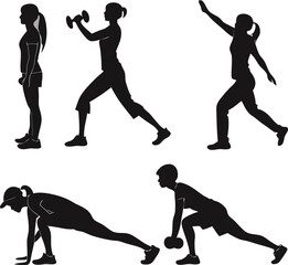 Fitness Silhouettes: Four diverse fitness activities depicted through dynamic silhouettes of women and a man. 